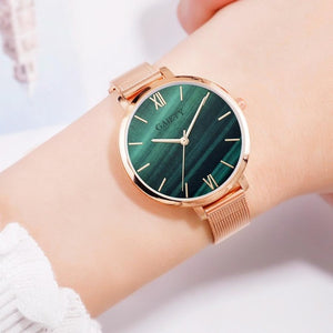 Gaiety Brand Luxury Rose Gold Bracelet Dress Watches For Women Fashion Malachite Green Dial Mesh Steel Band Girl Watch