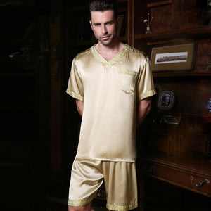 2019 Summer Mens Pajamas Sexy Silk Sleepwear Male Short-Sleeve Shorts 100% Silk Pajamas Men Homewear Sets