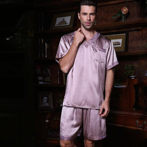 2019 Summer Mens Pajamas Sexy Silk Sleepwear Male Short-Sleeve Shorts 100% Silk Pajamas Men Homewear Sets