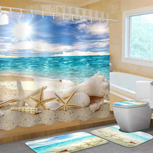 1Set Beach Waterproof Bathroom Beach Shower Bathroom Curtain+Bath Mats   Anti Slip Toilet Pattern Carpet