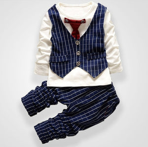 Fashion Party Wedding Baby Boys Girls Children's Tie Dress Stripe Tops  + Plaid Pants Christmas Clothing Sets 0-3 Sport Suit