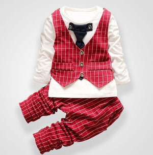 Fashion Party Wedding Baby Boys Girls Children's Tie Dress Stripe Tops  + Plaid Pants Christmas Clothing Sets 0-3 Sport Suit
