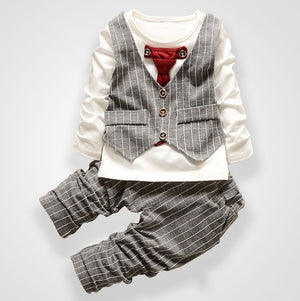 Fashion Party Wedding Baby Boys Girls Children's Tie Dress Stripe Tops  + Plaid Pants Christmas Clothing Sets 0-3 Sport Suit
