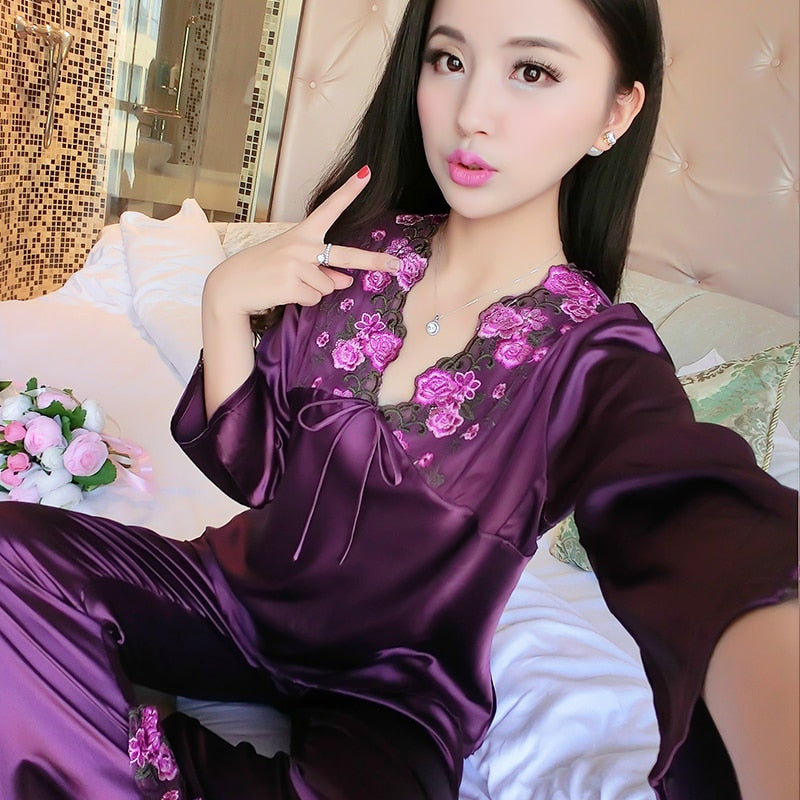 female silk pajamas sexy long sleeve viscose twinset spring summer  autumn lace pajama sets women sleepwear