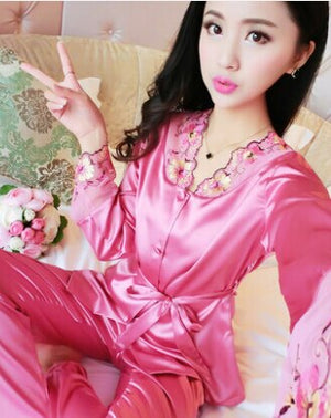 female silk pajamas sexy long sleeve viscose twinset spring summer  autumn lace pajama sets women sleepwear