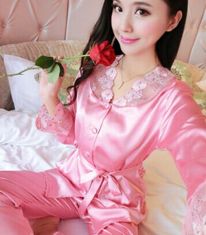 female silk pajamas sexy long sleeve viscose twinset spring summer  autumn lace pajama sets women sleepwear
