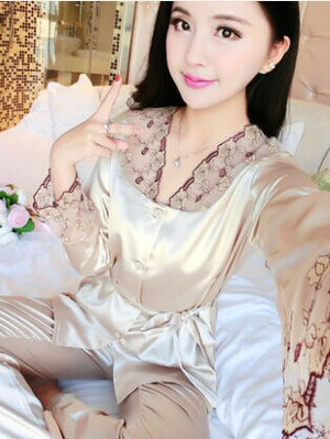 female silk pajamas sexy long sleeve viscose twinset spring summer  autumn lace pajama sets women sleepwear
