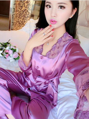 female silk pajamas sexy long sleeve viscose twinset spring summer  autumn lace pajama sets women sleepwear