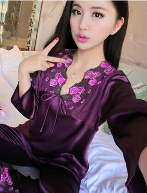 female silk pajamas sexy long sleeve viscose twinset spring summer  autumn lace pajama sets women sleepwear