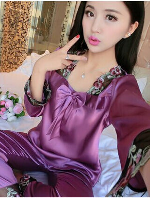 female silk pajamas sexy long sleeve viscose twinset spring summer  autumn lace pajama sets women sleepwear