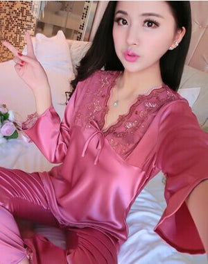 female silk pajamas sexy long sleeve viscose twinset spring summer  autumn lace pajama sets women sleepwear
