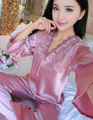 female silk pajamas sexy long sleeve viscose twinset spring summer  autumn lace pajama sets women sleepwear
