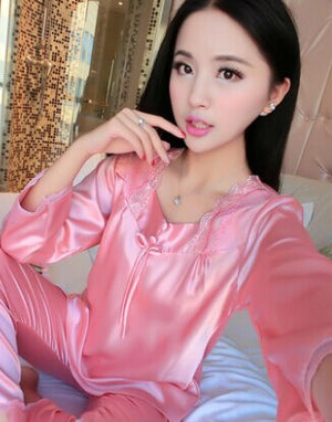female silk pajamas sexy long sleeve viscose twinset spring summer  autumn lace pajama sets women sleepwear