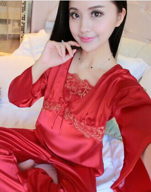 female silk pajamas sexy long sleeve viscose twinset spring summer  autumn lace pajama sets women sleepwear