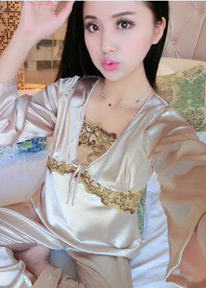 female silk pajamas sexy long sleeve viscose twinset spring summer  autumn lace pajama sets women sleepwear