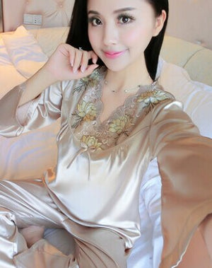 female silk pajamas sexy long sleeve viscose twinset spring summer  autumn lace pajama sets women sleepwear