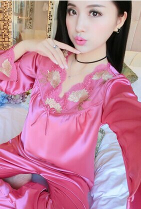 female silk pajamas sexy long sleeve viscose twinset spring summer  autumn lace pajama sets women sleepwear