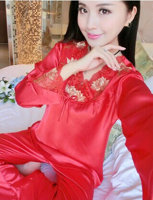 female silk pajamas sexy long sleeve viscose twinset spring summer  autumn lace pajama sets women sleepwear
