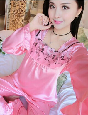 female silk pajamas sexy long sleeve viscose twinset spring summer  autumn lace pajama sets women sleepwear