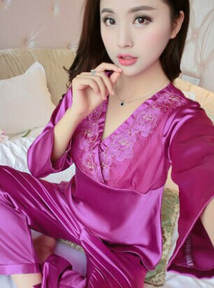 female silk pajamas sexy long sleeve viscose twinset spring summer  autumn lace pajama sets women sleepwear