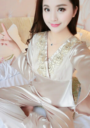 female silk pajamas sexy long sleeve viscose twinset spring summer  autumn lace pajama sets women sleepwear