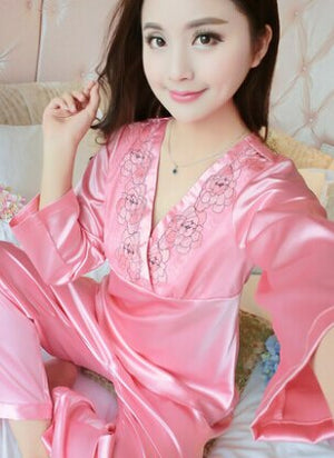 female silk pajamas sexy long sleeve viscose twinset spring summer  autumn lace pajama sets women sleepwear