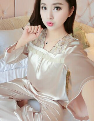 female silk pajamas sexy long sleeve viscose twinset spring summer  autumn lace pajama sets women sleepwear
