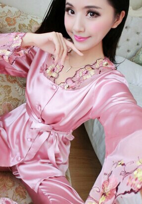 female silk pajamas sexy long sleeve viscose twinset spring summer  autumn lace pajama sets women sleepwear