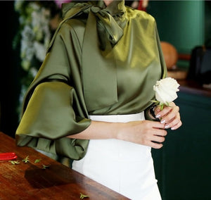 2017 Pure White Bow Tie Blouse Chiffon Women  Office Shirt Lantern Sleeve Blouses Blusas Femininas Formal Ladies Tops