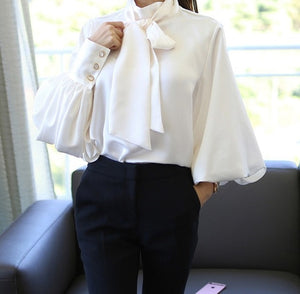 2017 Pure White Bow Tie Blouse Chiffon Women  Office Shirt Lantern Sleeve Blouses Blusas Femininas Formal Ladies Tops