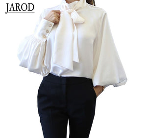 2017 Pure White Bow Tie Blouse Chiffon Women  Office Shirt Lantern Sleeve Blouses Blusas Femininas Formal Ladies Tops