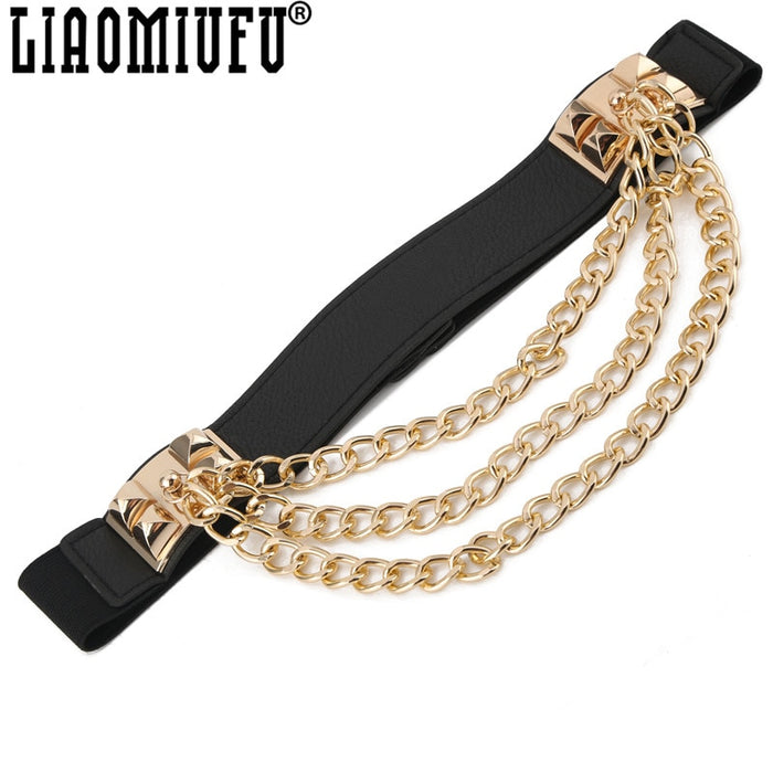 LIAOMIUFU New Elastic PU Leather Belts For Women Gold Metal Chain Waist Belt Dancing Girl Belt Female Accessories Dress