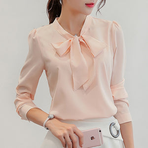 Harajuku New Spring Summer Blouse Women Long Sleeve Shirts Fashion Leisure Chiffon Shirt Bow Office Ladies Pink White Tops
