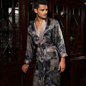 100% Silk Robes Male Autumn Long-Sleeve Robe Fashion Printed Bathrobe Kimono Silkworm Silk Men's Sleepwear Kimono