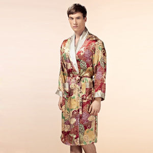 100% Silk Robes Male Autumn Long-Sleeve Robe Fashion Printed Bathrobe Kimono Silkworm Silk Men's Sleepwear Kimono