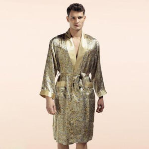 100% Silk Robes Male Autumn Long-Sleeve Robe Fashion Printed Bathrobe Kimono Silkworm Silk Men's Sleepwear Kimono