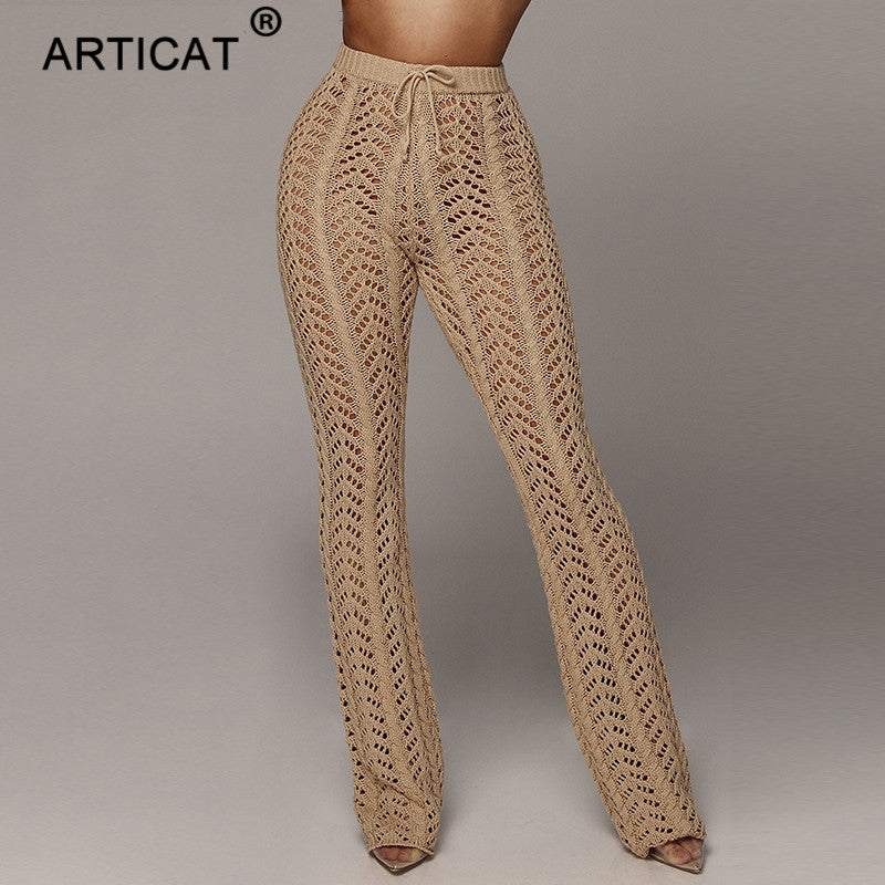 Articat High Waist Knitted Sexy Pants Women Transparent Hollow Out Crochet Wide Leg Pants Autumn Party Women Trousers Bottoms