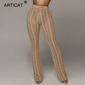 Articat High Waist Knitted Sexy Pants Women Transparent Hollow Out Crochet Wide Leg Pants Autumn Party Women Trousers Bottoms
