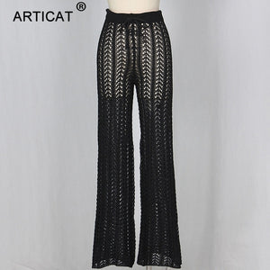 Articat High Waist Knitted Sexy Pants Women Transparent Hollow Out Crochet Wide Leg Pants Autumn Party Women Trousers Bottoms