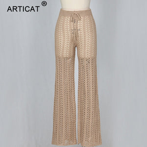 Articat High Waist Knitted Sexy Pants Women Transparent Hollow Out Crochet Wide Leg Pants Autumn Party Women Trousers Bottoms