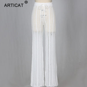 Articat High Waist Knitted Sexy Pants Women Transparent Hollow Out Crochet Wide Leg Pants Autumn Party Women Trousers Bottoms