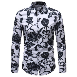 Men Hawaiian Shirt Long Sleeve Floral Print Mens Dress Formal Shirts Camisa Social Masculina Men Casual Slim Fit Tops Shirt 5XL