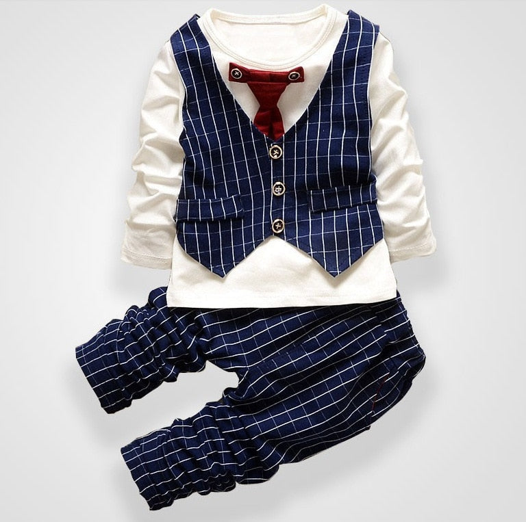 Fashion Party Wedding Baby Boys Girls Children's Tie Dress Stripe Tops  + Plaid Pants Christmas Clothing Sets 0-3 Sport Suit