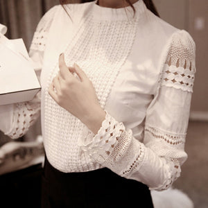 Fashion Elegant Women Shirt Crochet Slim Tops Solid Embroidery Long Sleeve Formal White Blouse H