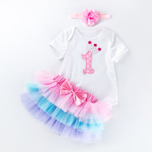 2019 Summer New 0-2 Years Old Baby Girls Clothes Cotton Short-Sleeved one-piece Tops + Cake Mesh Dress Holiday Suit Dress