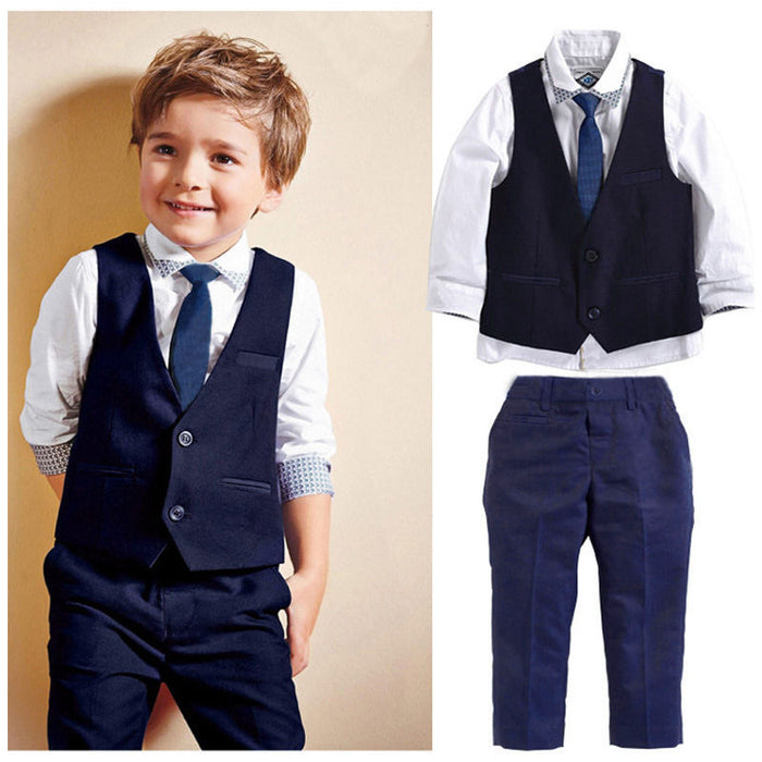 Gentleman Kids Toddler Infant Baby Boys Formal Suit Tops Shirt Waistcoat Tie Pants 4PCS Set Clothes