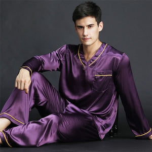 2019 Spring Summer Autumn Men's Satin Silk Pyjamas Set Men Long-Sleeve Male Sexy Sleepwear Leisure Home Clothing Plus Size
