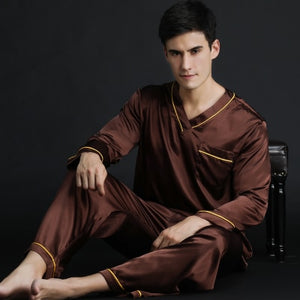 2019 Spring Summer Autumn Men's Satin Silk Pyjamas Set Men Long-Sleeve Male Sexy Sleepwear Leisure Home Clothing Plus Size