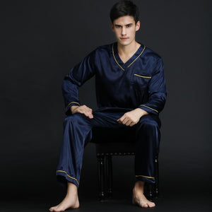 2019 Spring Summer Autumn Men's Satin Silk Pyjamas Set Men Long-Sleeve Male Sexy Sleepwear Leisure Home Clothing Plus Size