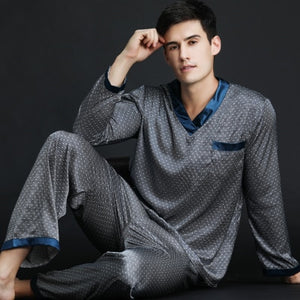 2019 Spring Summer Autumn Men's Satin Silk Pyjamas Set Men Long-Sleeve Male Sexy Sleepwear Leisure Home Clothing Plus Size